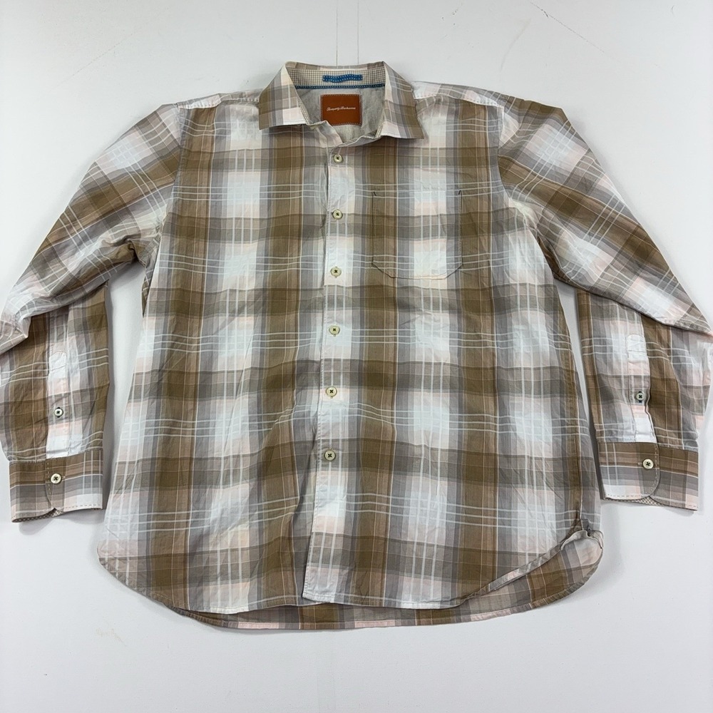 Tommy Bahama Shirt Mens Large Brown Plaid Long Sleeve Button Up Cotton Casual